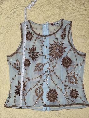 Sheer Embroidered Top in Light Blue with Bronze Floral Accents
